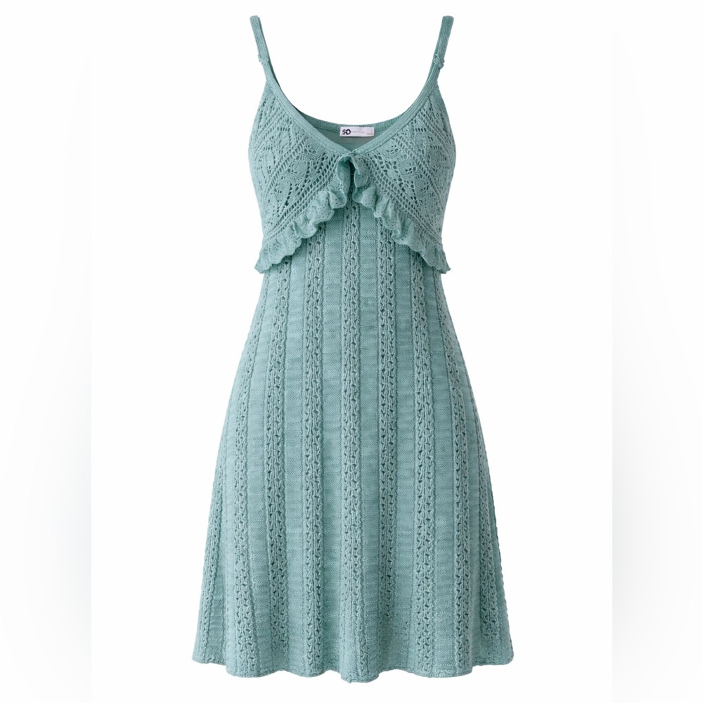 SO Teal Crochet Knit Dress Junior Sz L Boho Festival Beach Cottagecore Tank